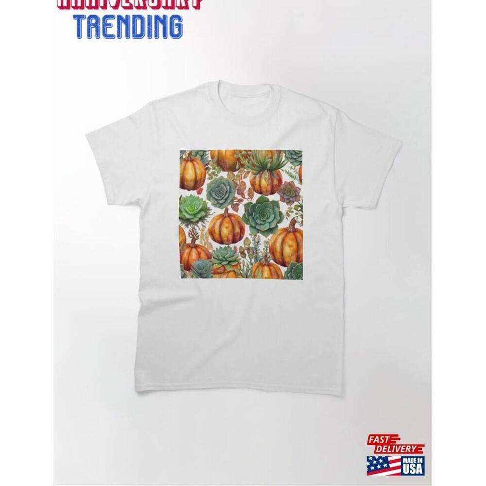 Watercolor Thanksgiving Art Faux Pumpkin With Succulents Unisex - Picture 1 of 4